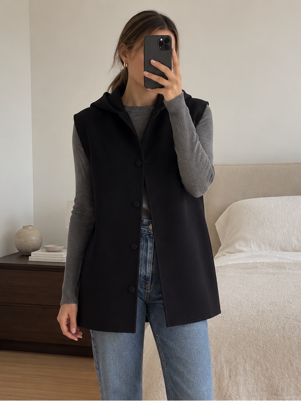 Theory Winsome 3 Wool Cashmere Hooded Longline Vest Black Size S NWT